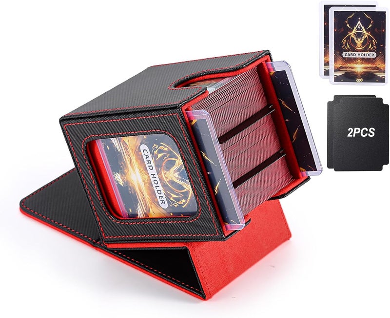 Stepane MTG Deck Box, Double Display Window MTG, Commander Deck Box Fits 120+ Single Sleeved Cards, PU Leather Magnetic Closure Card Box with 2 Dividers&2 Toploaders for TCG, CCG, Black/Red - Image 1